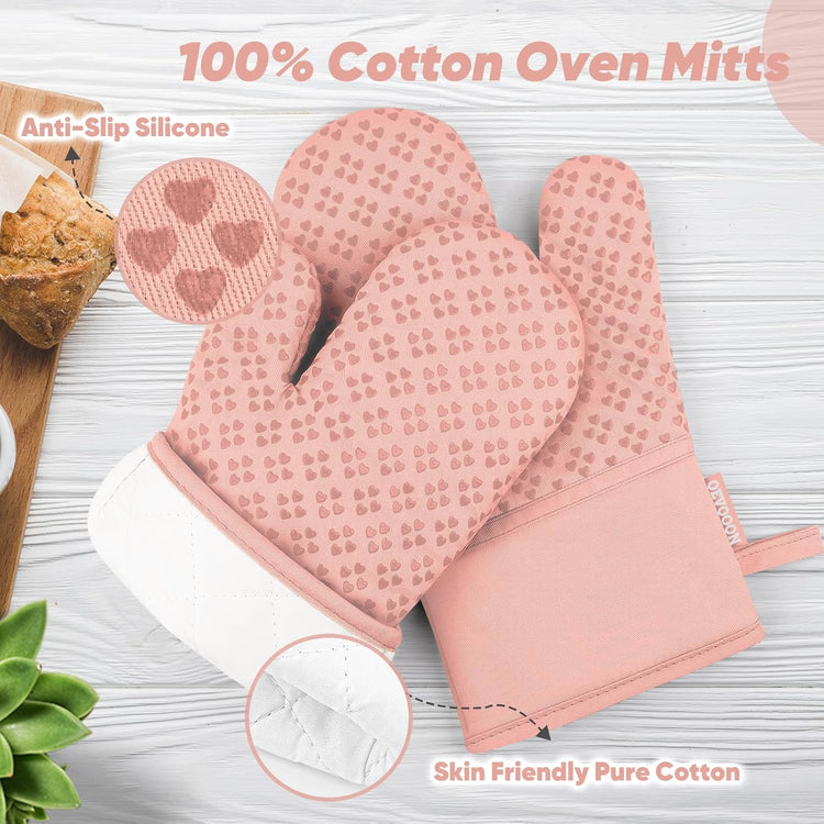 Oven Mitts and Pot Holders 4 Sets, Heat Resistant 500 ℉ Oven Mitt and Pot Holder,Oven Glove&Potholders with Non-Slip Silicone Surface,Kitchen Essentials for Cooking/Baking/BBQ-Pink