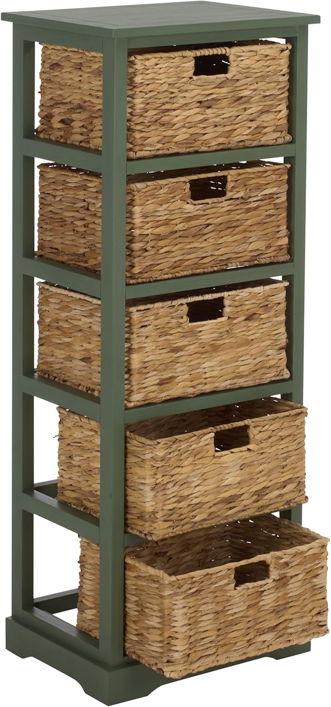 SAFAVIEH Home Collection – Vedette Dusty Green 5-Basket Storage Tower, Natural Rattan Accent Design, Fully Assembled (AMH5739J)