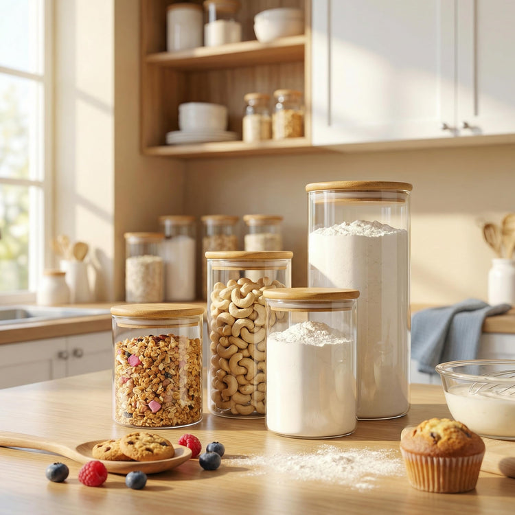 Large Glass Storage Containers with Bamboo Lids for Flour & Sugar (2 Count)
