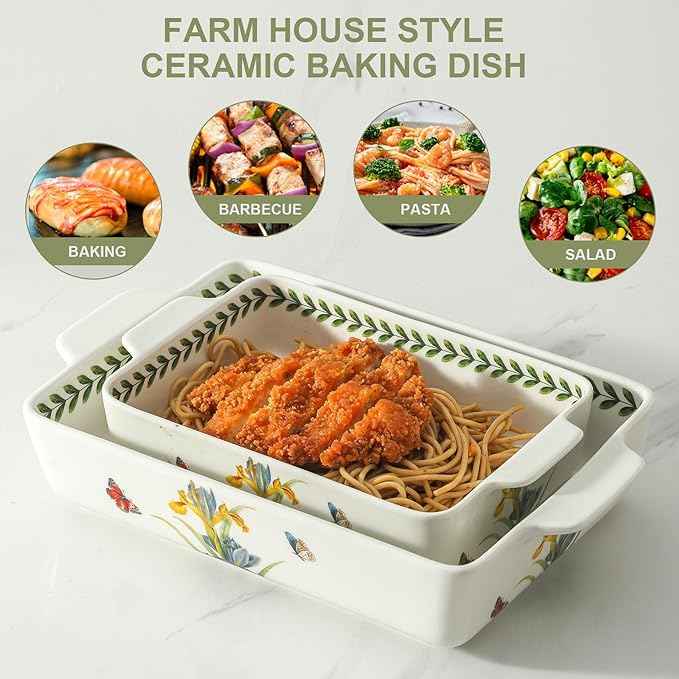 Ceramic Iris Baking Casserole Dish with Handles, Large 2 pieces 8x13 inch & 6x10 inch Lasagna Baking Dish and Middle Flower Andplant Baking Pan,Porcelain Serving Bakeware Set