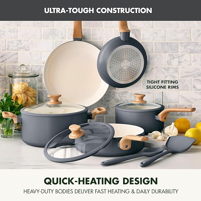 GreenPan Rio Essence Wood 10 Piece Cookware Pots and Pans Set, Healthy Ceramic Nonstick, PFOA & PFAS-Free Coating, Induction, Silicone Rim Lids, Stay-Cool Wood Print Handles, Dishwasher Safe, Gray