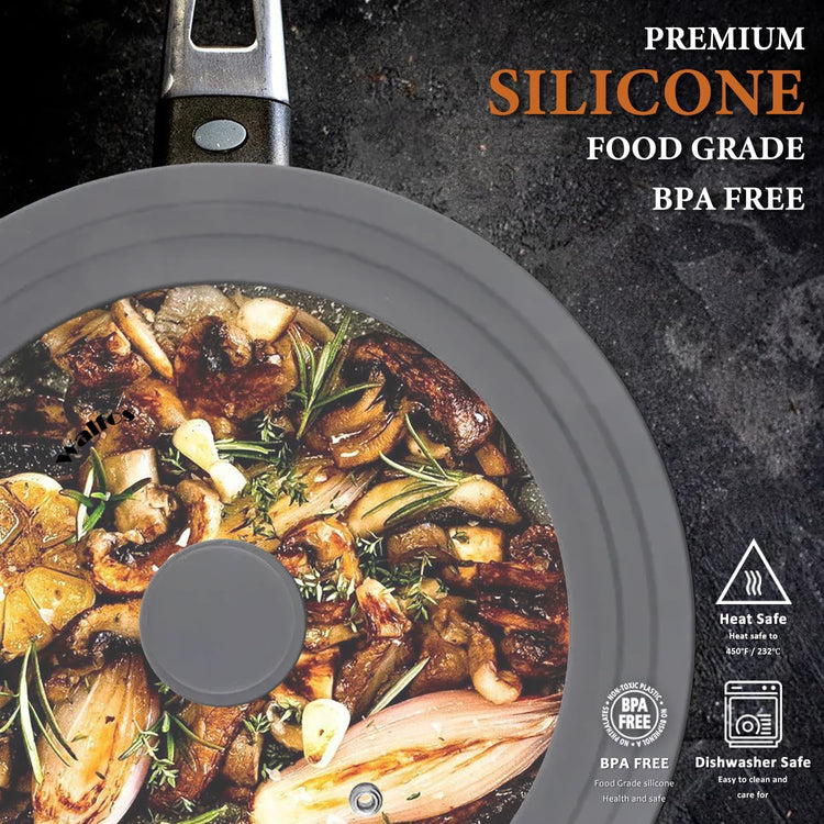 Universal Lid for Pots, Pans and Skillets - Walfos Tempered Glass Pan Lid with Heat Resistant Silicone Rim, BPA Free Large Pot Lids Fits 7" to 12" Diameter Cookware, Dishwasher-Safe, Grey