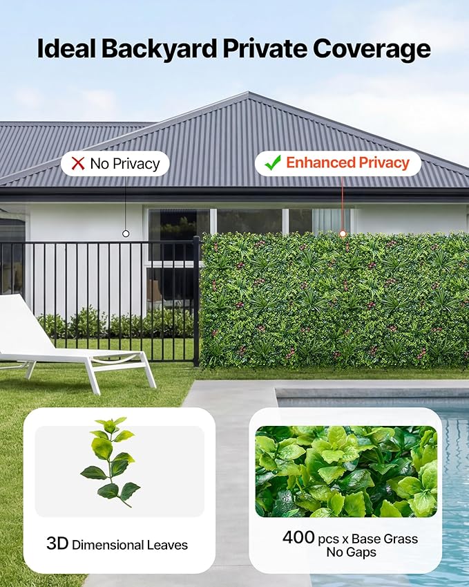 VEVOR Artificial Plant Wall, 12PCS 20 x 20 in Artificial Boxwood Panels, Greenery Backdrop Privacy Hedge Fence with Sun Protection, Fake Grass Wall Screen for Wedding, Indoor, Garden,Mixed Leaf
