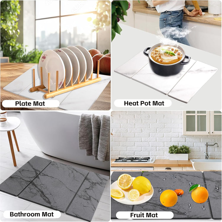 Quick Dry Collapsible Dish Drying Mat, Eco-Friendly Absorbent Diatomaceous Earth Mats for Dishes Bottles Cups 20"×16"Large Stone Dish Drying Mats for Kitchen Counter (White , 20"(L)×16"(W))