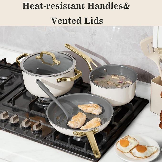 10-Piece Ceramic Nonstick Cookware Set with Lids - PFAS/PTFE/PFOA-Free, Interior & Exterior Ceramic Coating -Easy to Clean- Kitchen Storage-All Stovetop Compatible & Oven-Safe up to 480°F