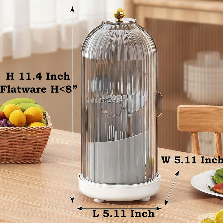 JEESA Utensil Holder with Lid, 360° Rotating Flatware Organizer for Cutlery Spoon Fork(H Less 8"), Silverware Caddy Organizer Drainage Dustproof Flatware Holder Kitchen Countertop Storage, Gray