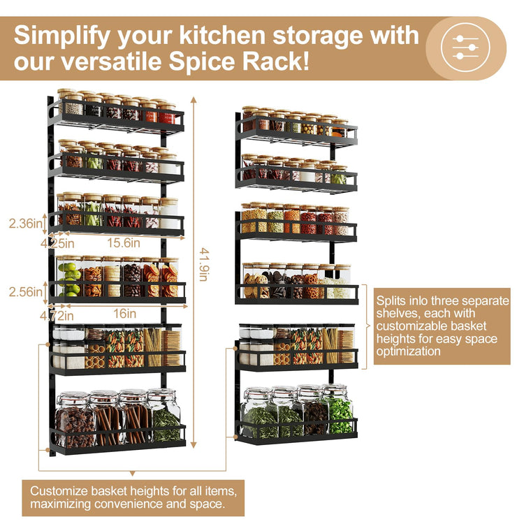6-Tier Wall-Mounted Spice Rack Organizer with Mixed Basket Sizes, Height-Adjustable Hanging Spice Shelf for Kitchen Pantry Cabinet, Large-Capacity Seasoning Holder, Black