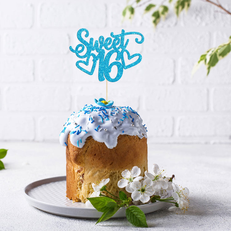 1Pc Sweet Teenager 16 Cake Topper Glitter 16th Birthday Cake Pick for Cheers to 16 Years Old 16th Birthday Party Cake Decorations Supplies Light Blue