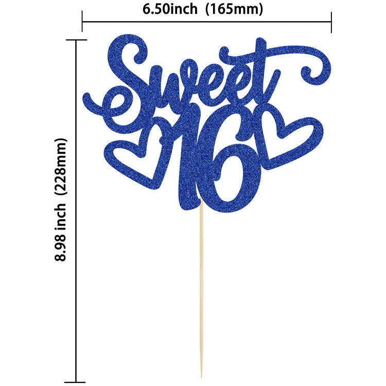 1Pc Sweet Teenager 16 Cake Topper Glitter 16th Birthday Cake Pick for Cheers to 16 Years Old 16th Birthday Party Cake Decorations Supplies Blue