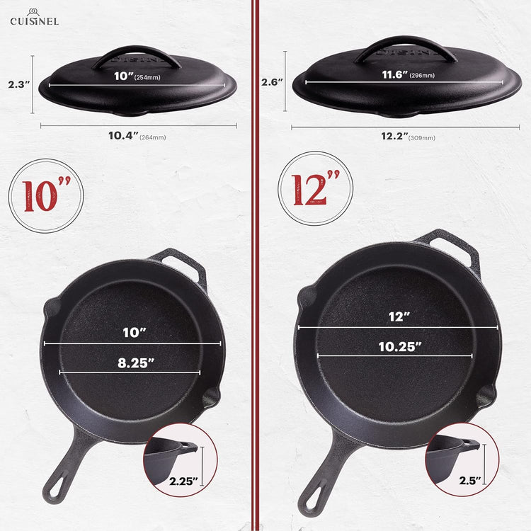 Cast Iron Skillet Set with Lids - 10"+12"-inch Pre-Seasoned Covered Frying Pan Set + Silicone Handle and Lid Holders + Scraper/Cleaner - Use Indoor/Outdoor, Oven, Stovetop, Fire, BBQ Kitchen Cookware - Nestoria