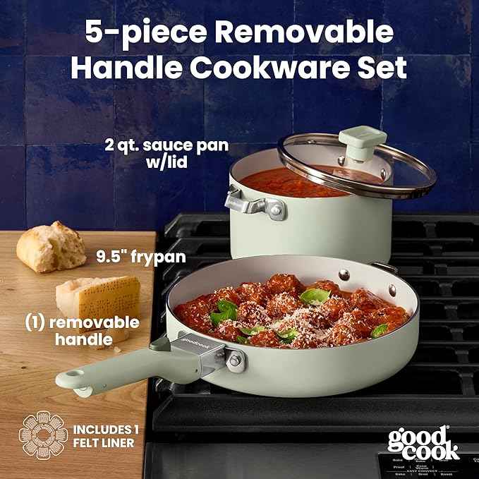 GoodCook Ceramic Cookware Set 5-Piece with Removable Handle, Induction Compatible, Nonstick and Oven Safe with 9.5-Inch Frypan, Sage Green
