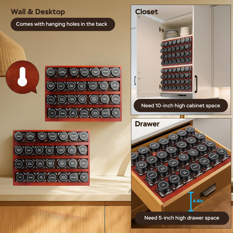 Bamboo Spice Rack Organizer with 28 Glass Spice Jars 4 oz Set Cherry Stain (28 Count)