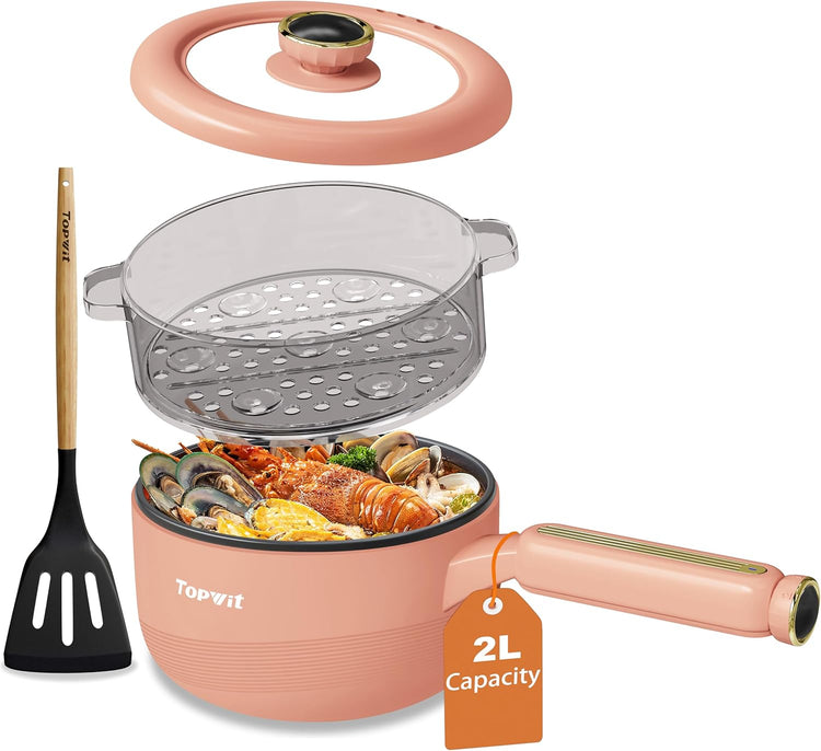 TOPWIT Hot Pot Electric with Steamer, đđ Electric Pot, Non-Stick Portable Cooker, Portable Pot, SautĂ© Pan for Steak, Egg, Ramen, Soup with Dual Power Control (Silicone Spatula Included), Peach