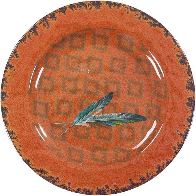 Paseo Road Tossed Feather 14 Piece Melamine Plastic Western Dinnerware Set, Orange Tan Brown Teal Aztec Tribal Print, Southwestern Rustic Dish Set with Plates, Bowls, Serving Dish