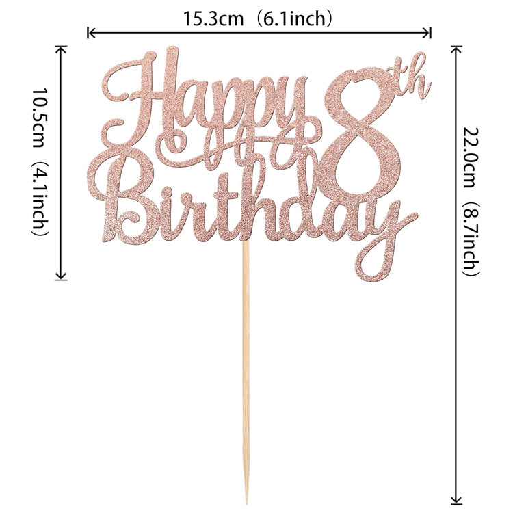 1 PCS Happy 8th Birthday Cake Topper Glitter Cheers to 8 Years Cake Pick Number 8 Fabulous Cake Decoration for 8th Birthday Party Decorations Supplies Rose Gold
