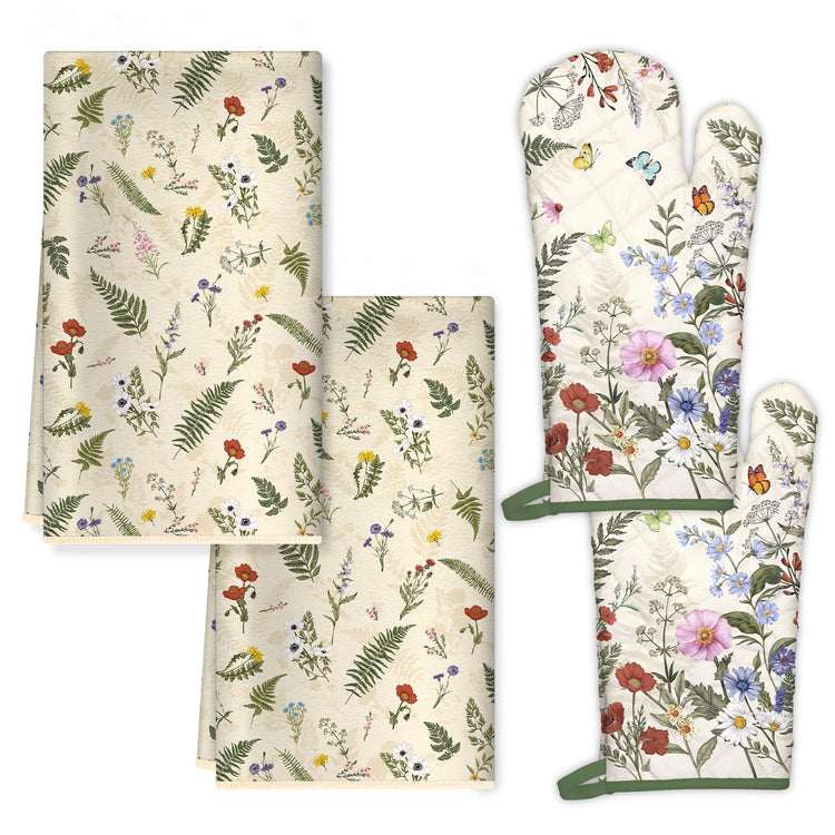 Rustic Flower Kitchen Towels and Oven Mitts Set 4Pcs (4 Count)