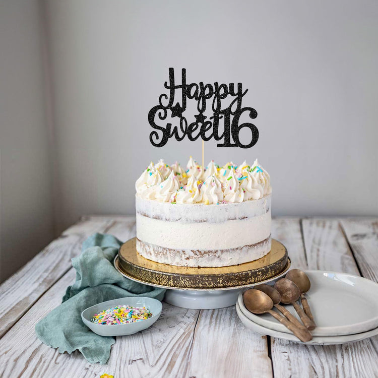 1Pc Happy Sweet 16 Cake Topper Glitter 16th Birthday Cake Pick for Cheers to 16 Years Old 16th Birthday Party Cake Decorations Supplies Black