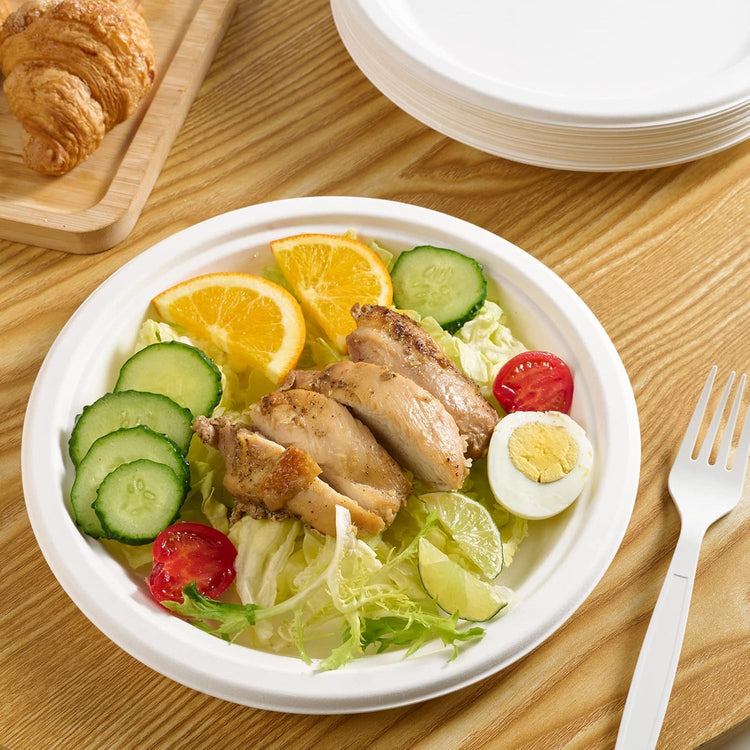 Vplus 150 Pack Paper Plates 9 inch 100% Compostable, Heavy-Duty Disposable Paper Plates Bagasse Natural Biodegradable Eco-Friendly Sugarcane(White)