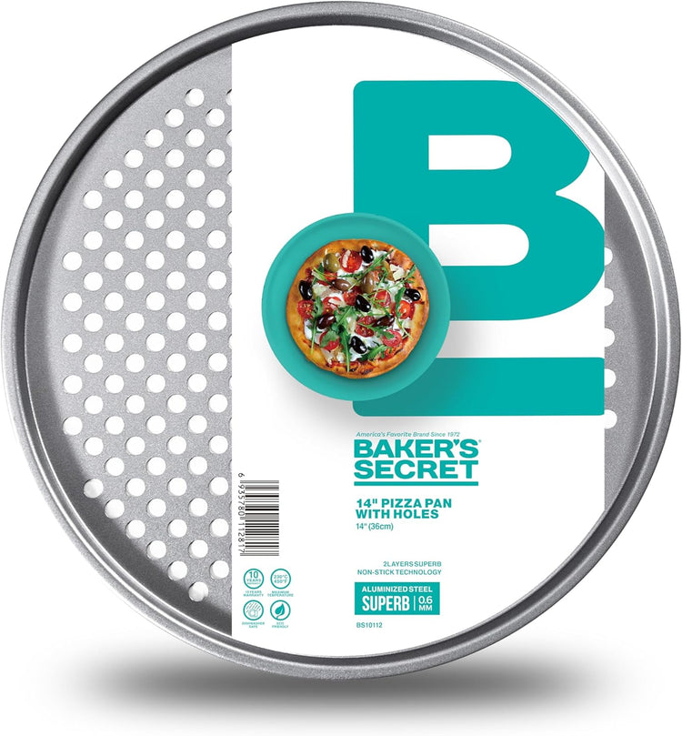 Baker's Secret 2pcs Nonstick Pizza Crisper for Oven 14"", Aluminized Steel Pizza Baking Pan with holes, 2 Layers Non-stick Coating For Easy Release, Dishwasher Safe - The Superb Collection