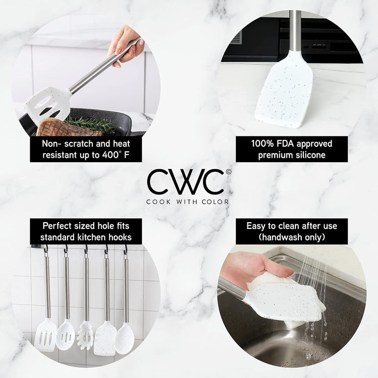 COOK WITH COLOR Silicone Cooking Utensils, Kitchen Utensil Set, Easy to Clean Silicone Kitchen Utensils, Cooking Utensils for Nonstick Cookware, Kitchen Gadgets Set, 5 Pieces, Speckled White