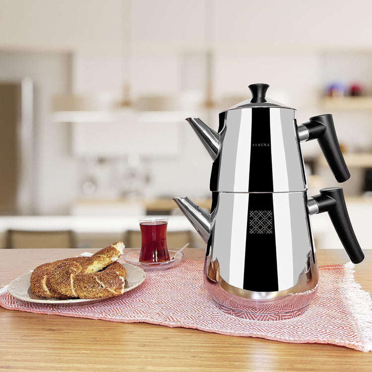 Serenk Stainless Steel Turkish Teapot Set, Double Kettle Set with Non-Slip Bakelite Handles, 101 Oz Black