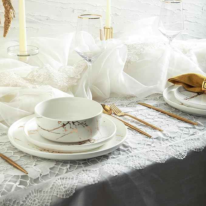 Stone Lain Porcelain 16 Piece Dinnerware set, 4 Full White Gold Splash Sets