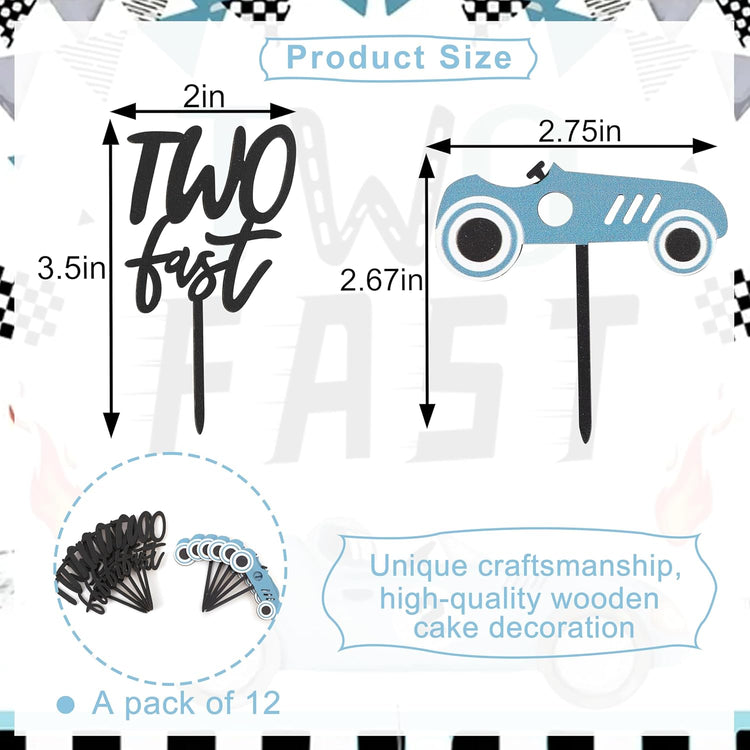 Wooden Two Fast Birthday Cupcake Toppers - Two Fast Decorations,Race Car Party Cake Toppers,Racing Car Birthday Topper (two fast cake topper)