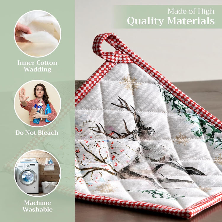 Maison d' Hermine Pot Holders 100% Cotton Heat Resistant Potholders 8" x 8" Hot Pads with Loop BBQ, Cooking, Baking, Grilling, Kitchen, Handling Hot Pans (Pack of 1, Rural Christmas)