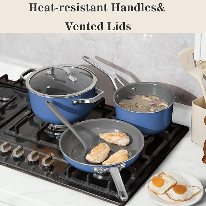 10-Piece Ceramic Nonstick Cookware Set with Lids - PFAS/PTFE/PFOA-Free, Interior & Exterior Ceramic Coating -Easy to Clean- Kitchen Storage-All Stovetop Compatible & Oven-Safe up to 480°F