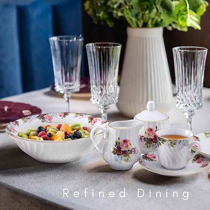 Lynns Paradise Philomena Floral 45-Piece Dinnerware Set | 24K Gold Trim | Embossed Swirl | Plates & Bowls Sets | Apartment Essentials | Home Kitchen Accessories | Floral Design