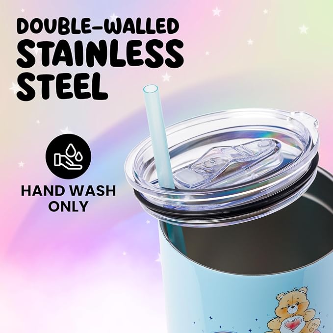 Silver Buffalo Care Bears Watercolor Featuring Tenderheart, Cheer, Grumpy, Funshine, Bedtime, Share Bear Double Walled Stainless Steel Tumbler w Handle & Straw, Fits in Standard Cup Holder, 40 Ounces