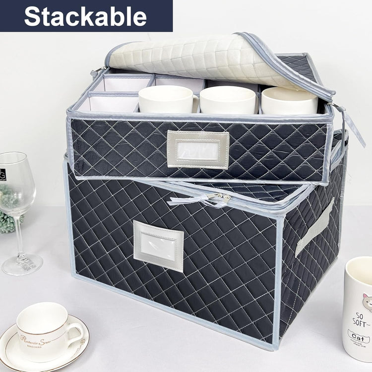 Wine Glass and Mug Storage Box with Dividers - 2 Pack China Storage Containers Set Holds 24 Glassware , Stemwareļ¼Coffee Mug and Tea Cup, Organizer Bin with Sturdy Metal Zipper,Label and Handles (Grey)