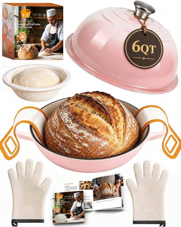 6QT Enameled Cast Iron Dutch Oven for Sourdough Bread Baking
