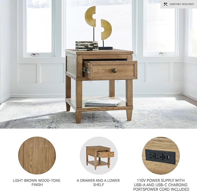 Signature Design by Ashley Sharlance Transitional 1-Drawer End Table with Lower Shelf, Power Supply and USB Ports, UL Listed, Dark Brown Drawer Pulls, Light Brown