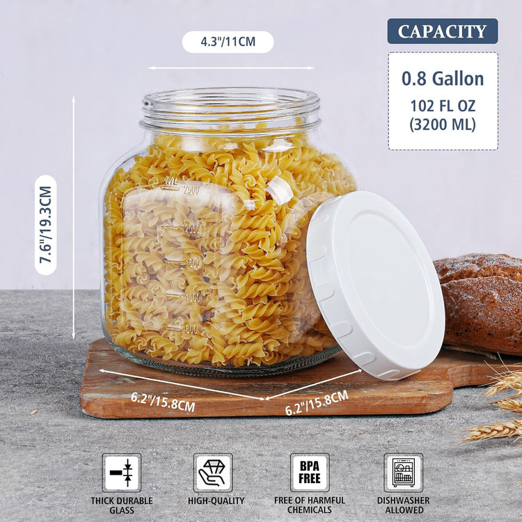 2 Pack 0.8 Gallon Glass Jar With Lid, 102 Oz Wide Mouth Mason Jars, Clear Glass Storage Jars With 2 Scale Marks, Canning Jars For Pickling, Rice, Sugar, Flour, Pasta