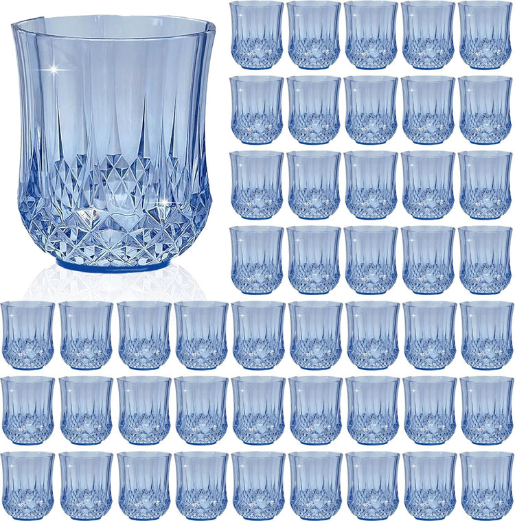 48 PCS Blue Stemless Wine Glasses,Plastic Reusable Cups 9OZ Vintage Drinking Glasses Tumblers for Whisky, Beer, Juice, Beverages, Cocktai