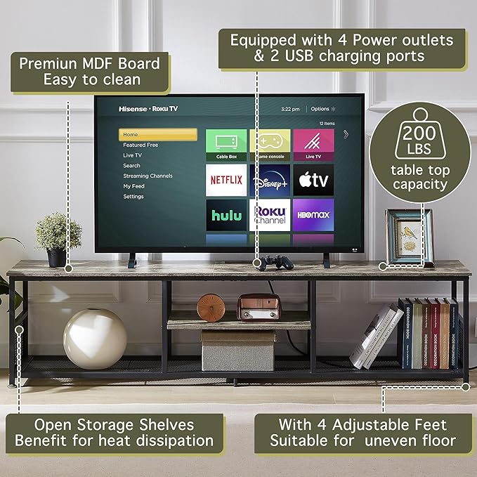 VECELO TV Stand with Power Outlets for Televisions up to 65Inch, 55" Media Entertainment Center with Charging Station 3-Tier Open Storage Shelves with Metal Frame for Living Room/Bedroom,Grey