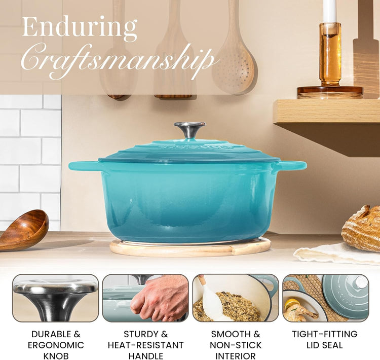 Nuovva Enamelled Cast Iron Dutch Oven Pot with Lid – 6.4 Quart Non Stick Casserole Pot – Heavy Duty & Oven Safe up to 500° F for Bread Baking, Braising, Stews, Roasting – 28cm Teal - Nestoria