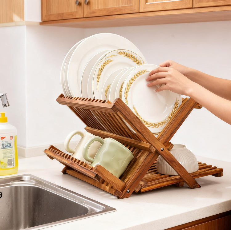 Teak Dish Drying Rack Collapsible