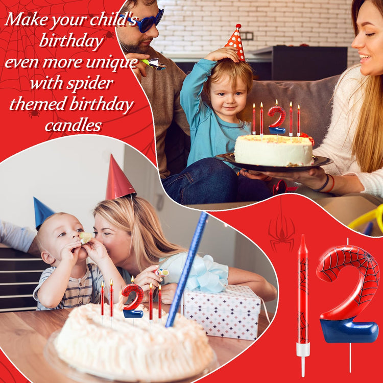 13 Pcs Spider Themed Birthday Candle Set Red Spider Theme Number 2 Candle Cake Topper for Boys Girls Birthday Decoration Spider Party Decoration Supplies (13 Count)
