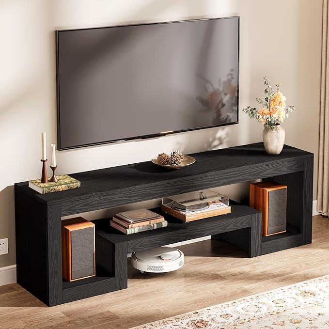 Tribesigns 63-Inch TV Stand for 55/60/65/75-Inch TVs, Farmhouse Entertainment Center with Open Storage Shelves, Black Television Console for Living Room, Bedroom