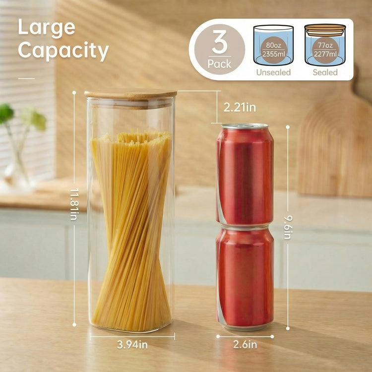 79oz Tall Glass Pasta Storage Containers with Airtight Bamboo Lids (3 Count)