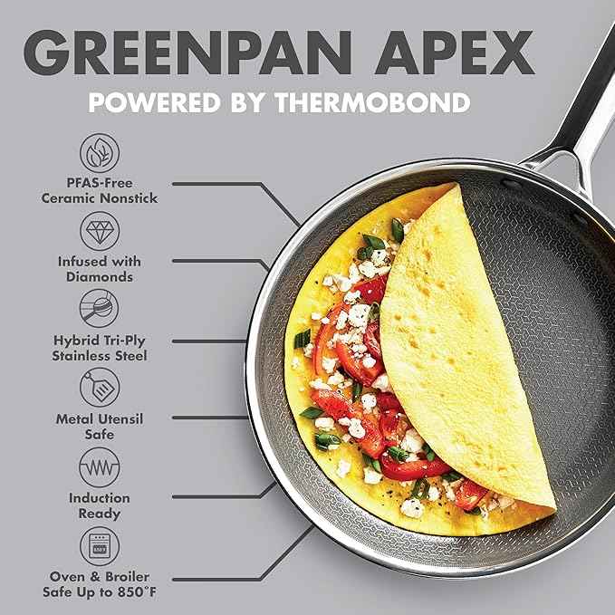 GreenPan Hybrid 9.5” & 11” Nonstick Stainless Steel Frying Pan Set, APEX Tri-Ply Thermobond PFAS-Free Ceramic Skillets, Induction & All Cooktop Compatible, Oven Temp to 850°F, Dishwasher Safe, Silver