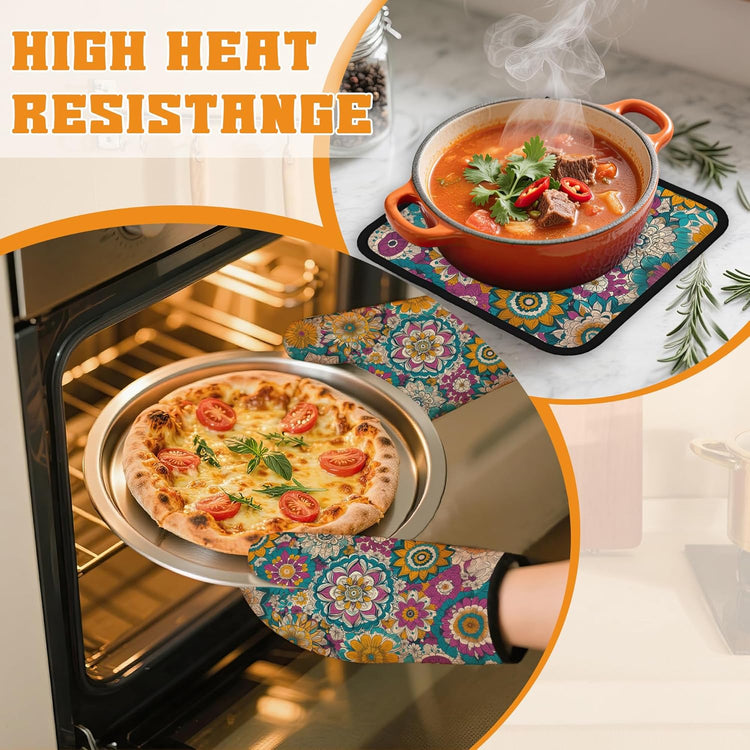 Vintage Mandala Oven Mitts and Pot Holders,Floral Flower Heat Resistant Oven Mitts Gloves and Pot Holder for Home Kitchen Decorations Cooking Baking BBQ Gifts,Set of 4