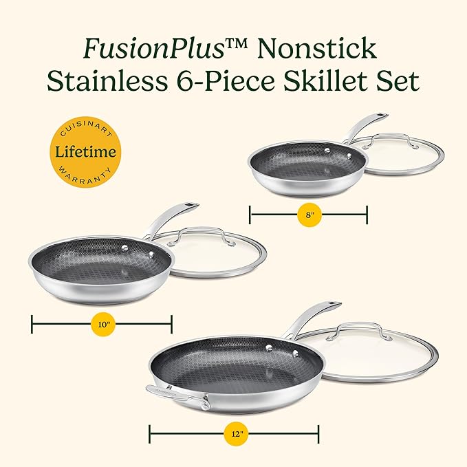 Cuisinart FusionPlus Hybrid Nonstick Stainless Steel Cookware Set, 6-Piece Skillet Cooking Set with PFAS-Free PURELYSEAR Ceramic Non Stick Technology, Scratch Proof, Cool Grip Handles, Dishwasher Safe