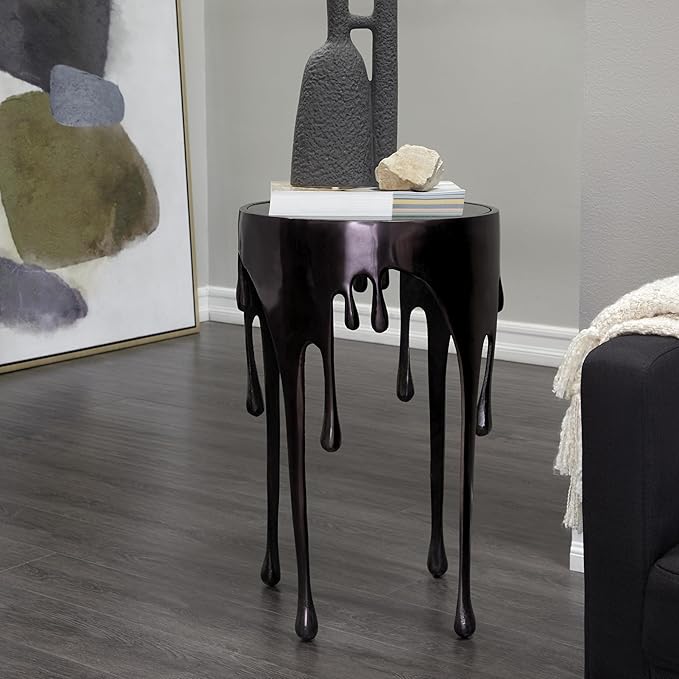 Deco 79 Aluminum Metal Side End Accent Table Melting Drip End Table with Glass Tabletop, Side Table 16" x 16" x 25", Black