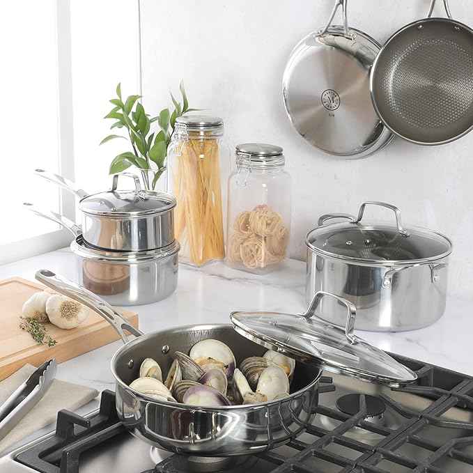 Martha Stewart Badgley Hybrid Nonstick 10 Piece TriPly Stainless Steel Pots and Pans Non-Toxic Kitchen Cookware Set - Laser Etched Perfect Sear Nonstick W/Stay Cool Handle Dishwasher & Induction Safe