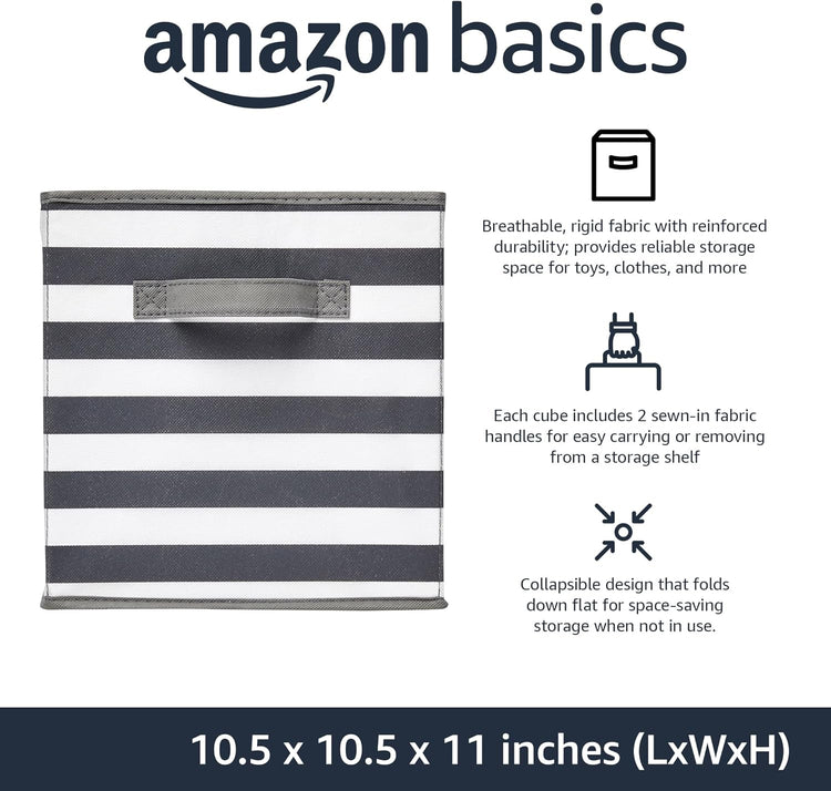 Amazon Basics Cube Organizer Storage Bins Handles, Collapsible Fabric, Pack of 6, 10.5"x10.5"x11", White/ Light Grey Stripe