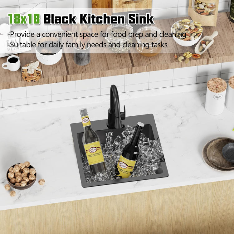 Black 18x18 In Drop In Kitchen And Bar Sink- Stainless Steel Single Bowl Kitchen Sink Modern Topmount Bar Sink With Silicon Mat,Drain Strainer Set Compatibility With Various Kitchen & Bar Style
