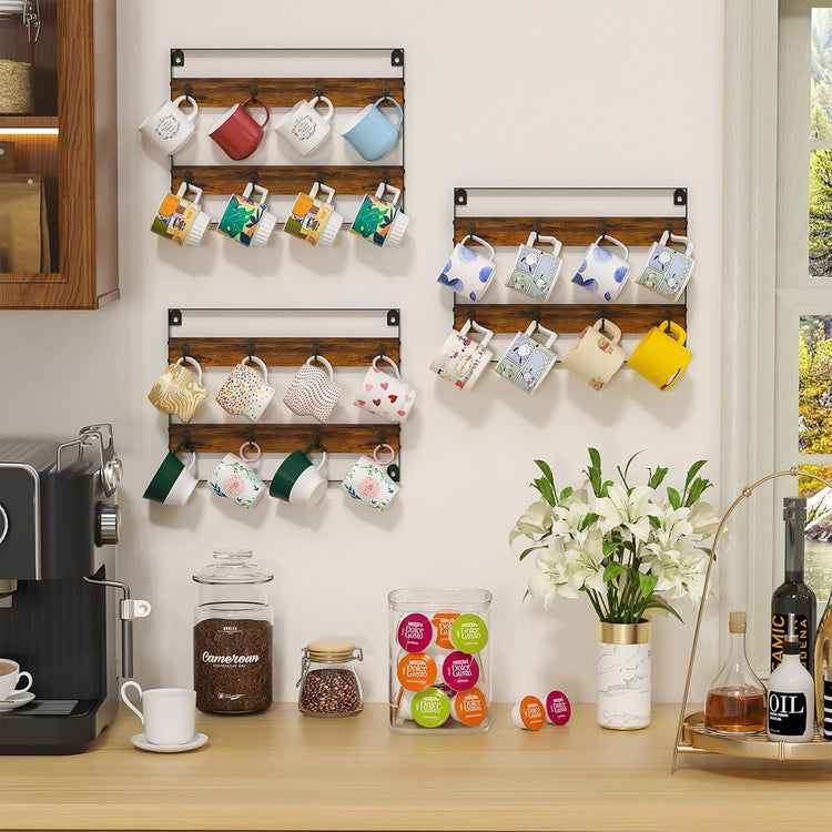 Mug Racks for Wall, Coffee Mug Holder Wall Mount Up to Hold 24 Mugs, Coffee Mug Rack Wall Mounted(3Pack) for Kitchen, Home, Coffee Bar, Rustic Wood and Iron